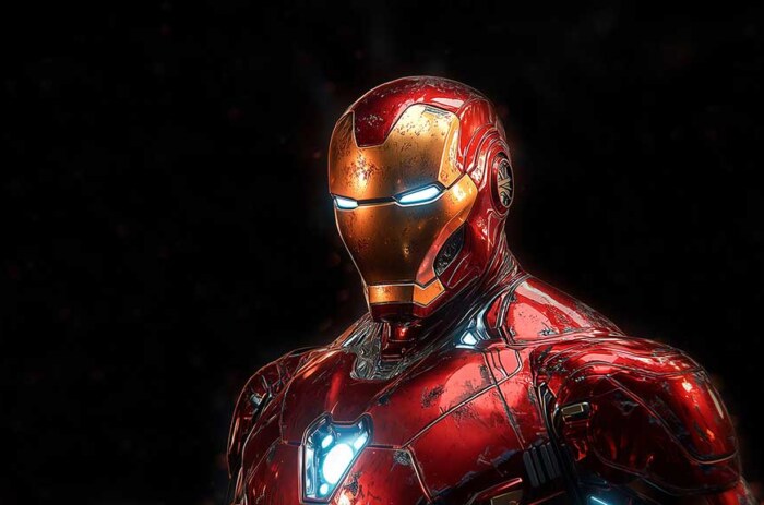 Fond d'écran 4K de portrait d'armure classique d'Iron Man avec détails et éléments brillants sur fond noir en résolution Ultra HD pour ordinateur de bureau et mobile