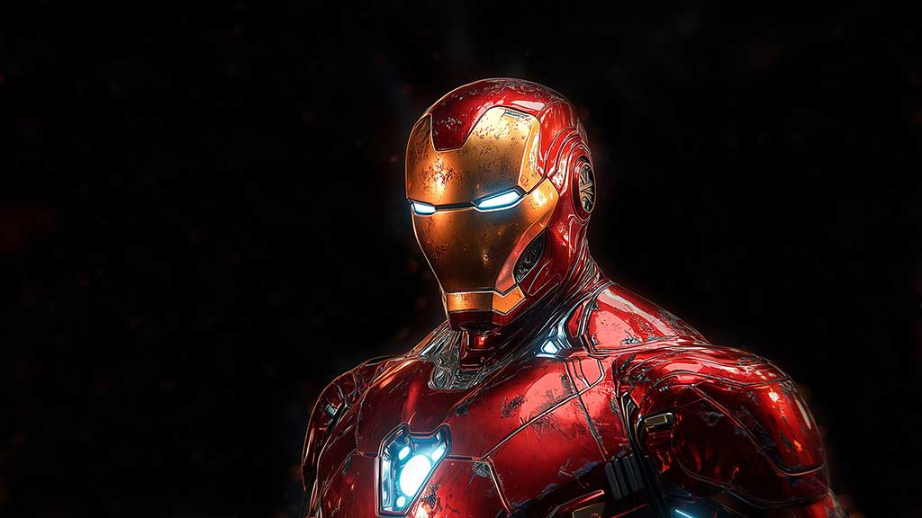 Fond d'écran 4K de portrait d'armure classique d'Iron Man avec détails et éléments brillants sur fond noir en résolution Ultra HD pour ordinateur de bureau et mobile