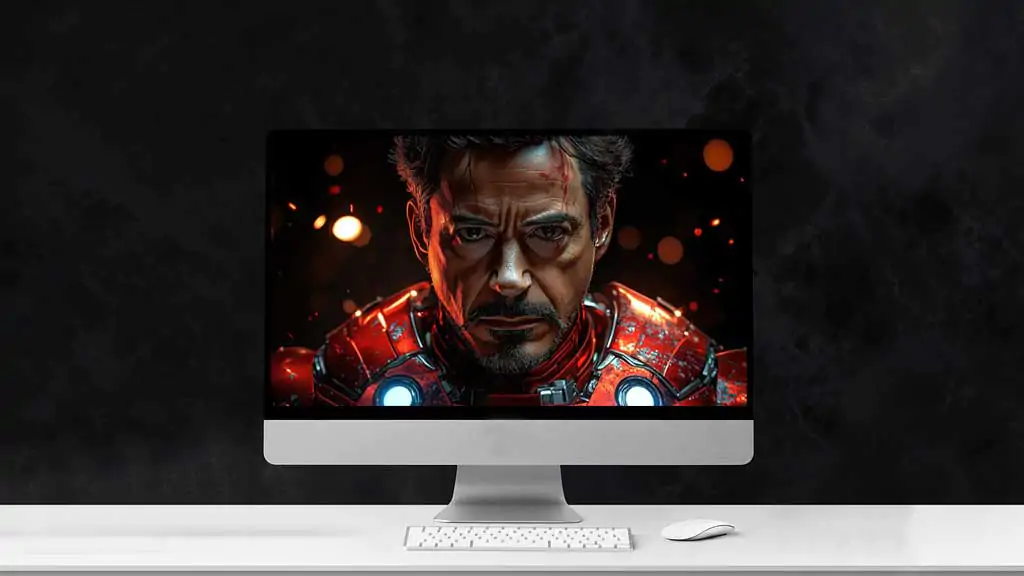 Tony Stark in his Iron Man armor wallpaper 4K, battle-worn with a glowing arc reactor, set against a fiery background, available in Ultra HD for desktop