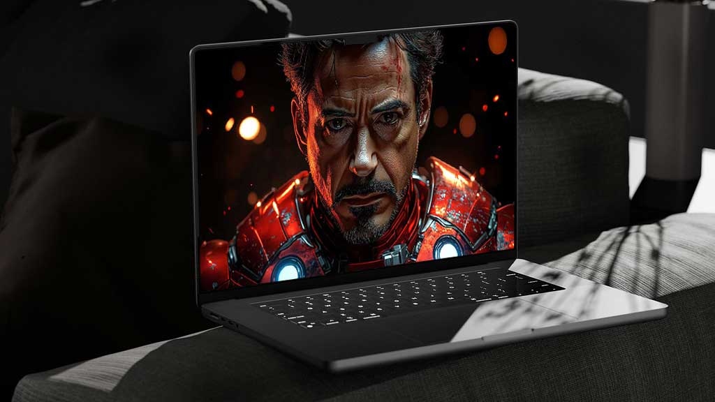 Fond d'écran 4K de Tony Stark dans son armure d'Iron Man, porté au combat avec un réacteur à arc lumineux, sur fond de feu, disponible en Ultra HD pour ordinateur portable
