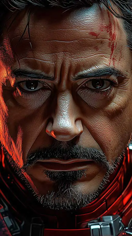 Tony Stark in his Iron Man armor wallpaper 4K, battle-worn with a glowing arc reactor, set against a fiery background, available in Ultra HD for mobile phone and iphone