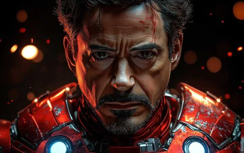 Tony Stark in his Iron Man armor wallpaper 4K, battle-worn with a glowing arc reactor, set against a fiery background, available in Ultra HD for desktop and mobile devices.