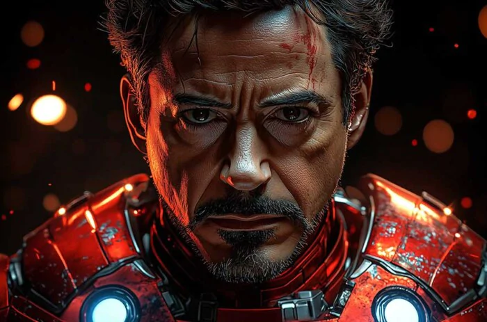 Tony Stark in his Iron Man armor wallpaper 4K, battle-worn with a glowing arc reactor, set against a fiery background, available in Ultra HD for desktop and mobile devices.