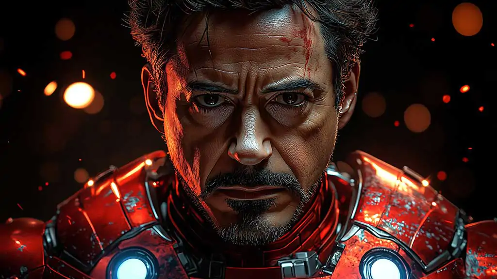 Tony Stark in his Iron Man armor wallpaper 4K, battle-worn with a glowing arc reactor, set against a fiery background, available in Ultra HD for desktop and mobile devices.