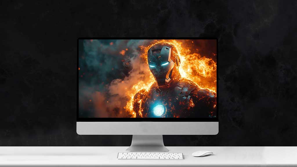 Armure d'Iron Man en feu fond d'écran 4K en flammes avec des yeux bleus brillants et un réacteur à arc en résolution Ultra HD pour ordinateur de bureau