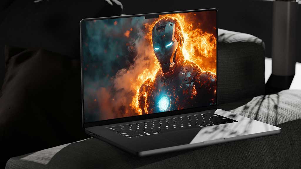 Armure d'Iron Man en feu fond d'écran 4K en flammes avec des yeux bleus brillants et un réacteur d'arc en résolution Ultra HD pour ordinateur portable