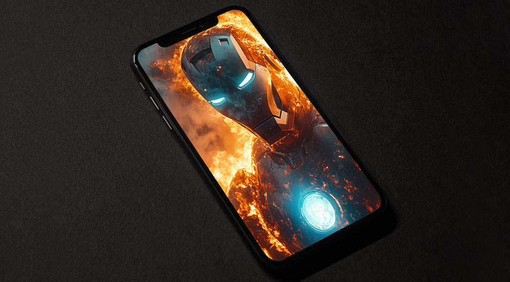 Armure d'Iron Man en feu fond d'écran 4K en flammes avec des yeux bleus brillants et un réacteur d'arc en résolution Ultra HD pour téléphone mobile et iPhone