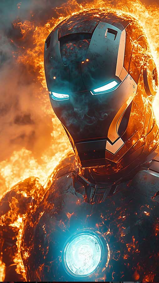 Armure d'Iron Man en feu fond d'écran 4K en flammes avec des yeux bleus brillants et un réacteur d'arc en résolution Ultra HD pour téléphone mobile et iPhone