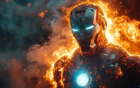Armure d'Iron Man en feu fond d'écran 4K en flammes avec des yeux bleus brillants et un réacteur à arc en résolution Ultra HD pour tous les appareils
