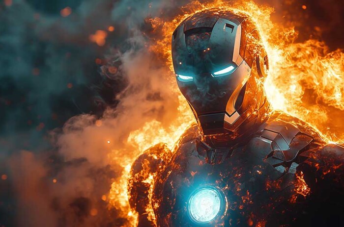 Armure d'Iron Man en feu fond d'écran 4K en flammes avec des yeux bleus brillants et un réacteur à arc en résolution Ultra HD pour tous les appareils