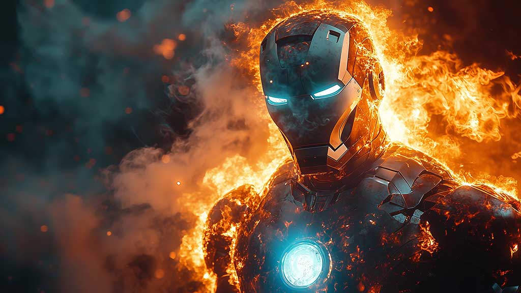 Armure d'Iron Man en feu fond d'écran 4K en flammes avec des yeux bleus brillants et un réacteur à arc en résolution Ultra HD pour tous les appareils
