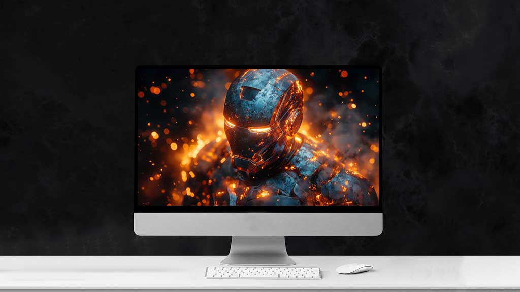 Fond d'écran 4K de l'armure brillante d'Iron Man avec des effets de feu et des étincelles spectaculaires, arrière-plan Ultra HD pour ordinateur de bureau