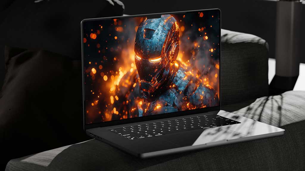 Fond d'écran 4K de l'armure brillante d'Iron Man avec des effets de feu et des étincelles spectaculaires, arrière-plan Ultra HD pour ordinateur portable