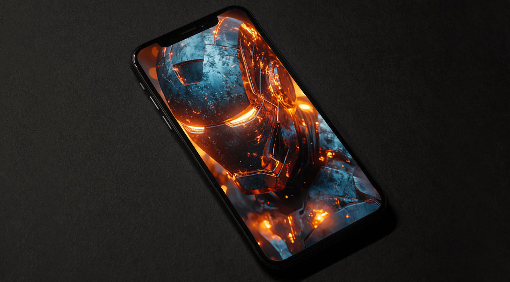 Fond d'écran 4K de l'armure brillante d'Iron Man avec des effets de feu et des étincelles spectaculaires, arrière-plan Ultra HD pour téléphone portable et iPhone