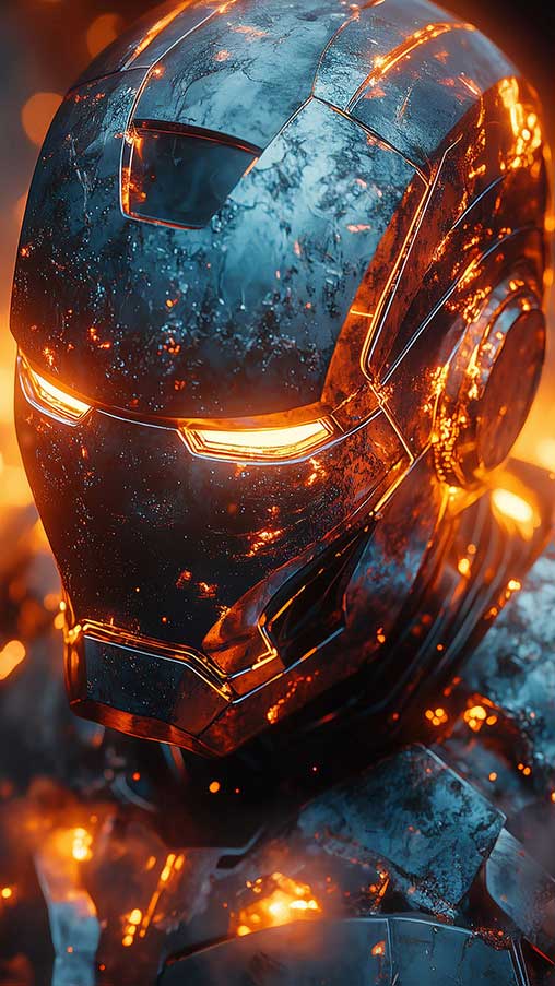 Fond d'écran 4K de l'armure brillante d'Iron Man avec des effets de feu et des étincelles spectaculaires, arrière-plan Ultra HD pour téléphone portable et iPhone