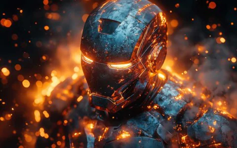 Iron Man glowing armor wallpaper 4K with dramatic fire effects and sparks, Ultra HD background for mobile phone and iphone and laptop