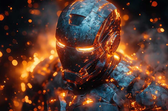 Fond d'écran 4K de l'armure brillante d'Iron Man avec des effets de feu et des étincelles spectaculaires, arrière-plan Ultra HD pour téléphone portable, iPhone et ordinateur portable