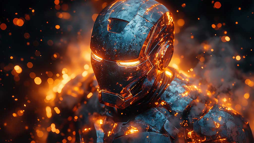 Fond d'écran 4K de l'armure brillante d'Iron Man avec des effets de feu et des étincelles spectaculaires, arrière-plan Ultra HD pour téléphone portable, iPhone et ordinateur portable