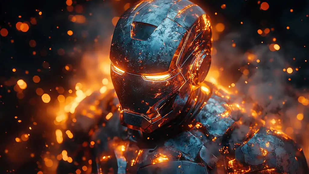 Iron Man glowing armor wallpaper 4K with dramatic fire effects and sparks, Ultra HD background for mobile phone and iphone and laptop