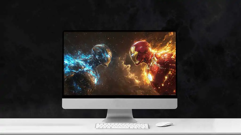 Dual Iron Man wallpaper showing fire and ice armors facing off, 4K Ultra HD resolution superhero battle background for desktop and mobile phones