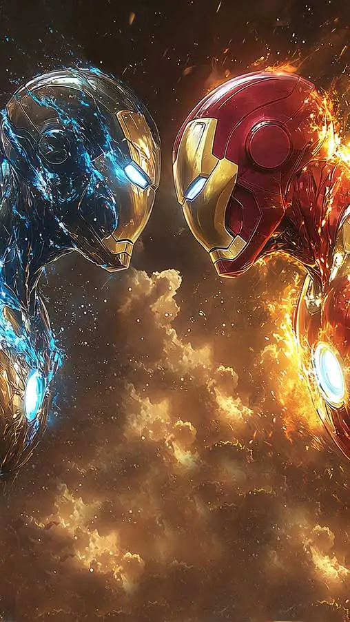 Dual Iron Man wallpaper showing fire and ice armors facing off, 4K Ultra HD resolution superhero battle background for desktop and mobile phones