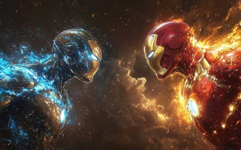 Dual Iron Man wallpaper showing fire and ice armors facing off, 4K Ultra HD resolution superhero battle background for desktop and mobile phones