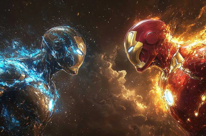 Dual Iron Man wallpaper showing fire and ice armors facing off, 4K Ultra HD resolution superhero battle background for desktop and mobile phones