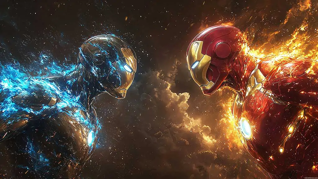 Dual Iron Man wallpaper showing fire and ice armors facing off, 4K Ultra HD resolution superhero battle background for desktop and mobile phones