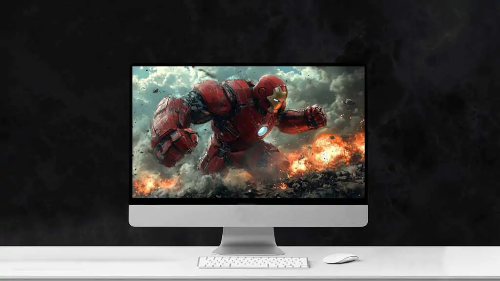 Iron Man Hulkbuster armor wallpaper 4K in explosive battle scene, Ultra HD background with dramatic effects for desktop