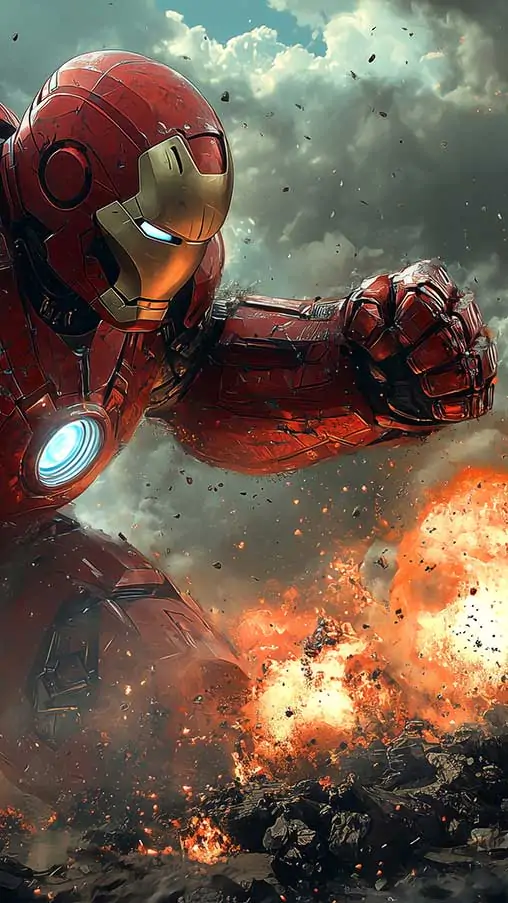 Iron Man Hulkbuster armor wallpaper 4K in explosive battle scene, Ultra HD background with dramatic effects for mobile phone and iphone