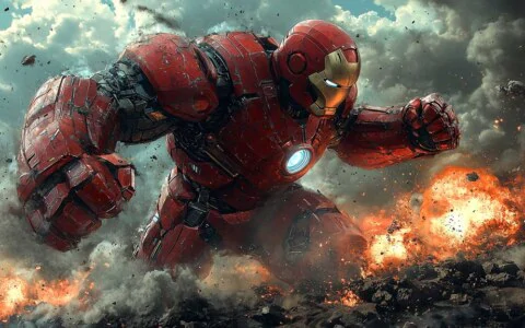 Iron Man Hulkbuster armor wallpaper 4K in explosive battle scene, Ultra HD background with dramatic effects for all devices