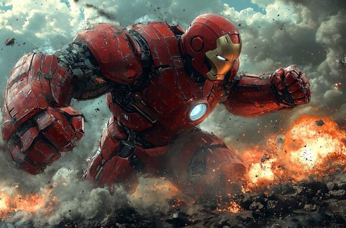 Fond d'écran 4K de l'armure Hulkbuster d'Iron Man dans une scène de bataille explosive, fond d'écran Ultra HD avec effets dramatiques pour tous les appareils.