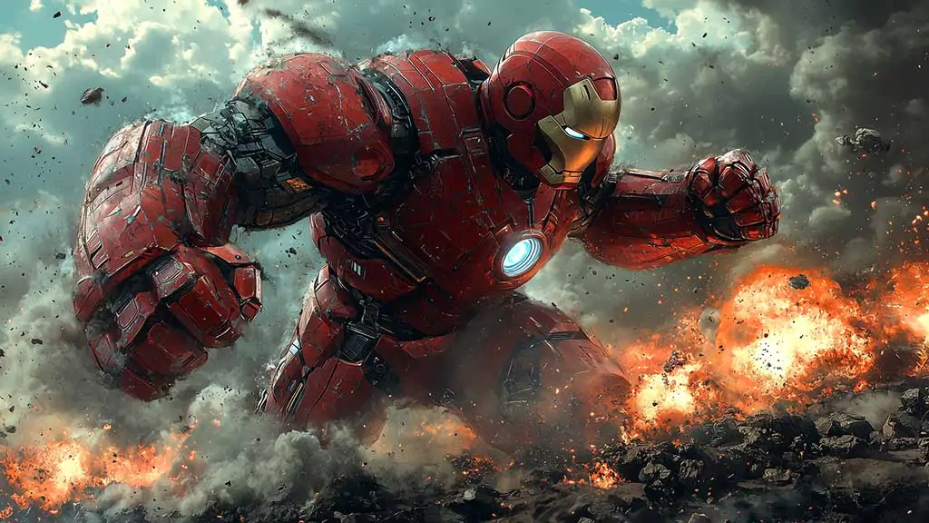 Iron Man Hulkbuster armor wallpaper 4K in explosive battle scene, Ultra HD background with dramatic effects for all devices