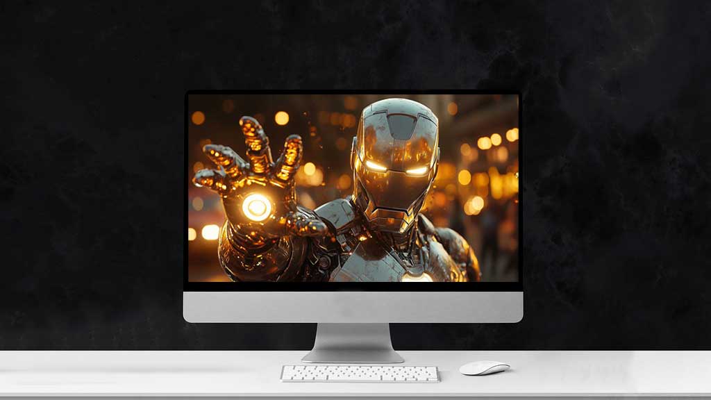 Fond d'écran 4K en gros plan de l'armure argentée d'Iron Man avec répulseur lumineux et éclairage cinématographique, arrière-plan de portrait en résolution Ultra HD pour ordinateur de bureau
