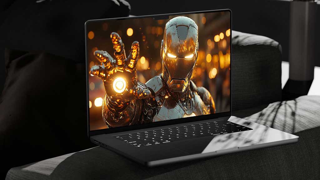 Fond d'écran 4K en gros plan de l'armure argentée d'Iron Man avec répulseur lumineux et éclairage cinématographique, arrière-plan de portrait en résolution Ultra HD pour ordinateur portable
