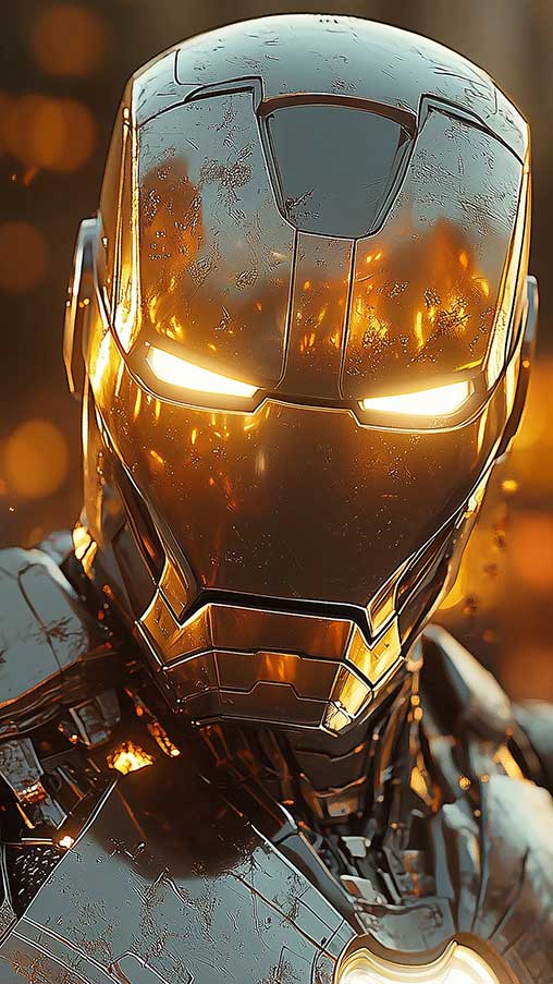 Fond d'écran 4K en gros plan de l'armure argentée d'Iron Man avec répulseur lumineux et éclairage cinématographique, arrière-plan de portrait en résolution Ultra HD pour téléphone portable et iPhone