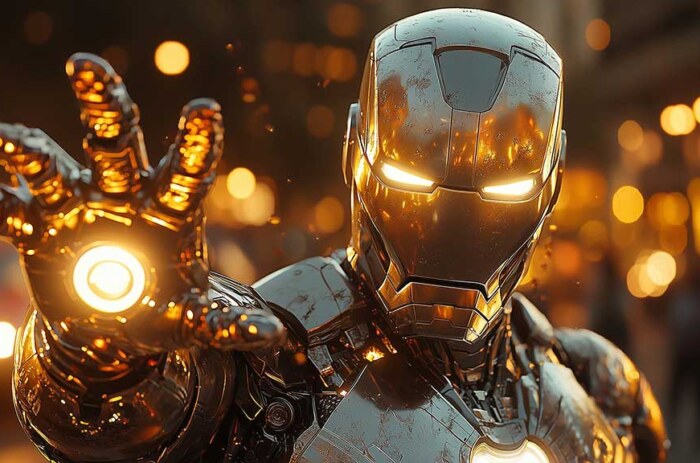Fond d'écran 4K de l'armure d'argent d'Iron Man avec répulseur lumineux et éclairage cinématique, fond d'écran portrait en résolution Ultra HD pour tous les appareils.