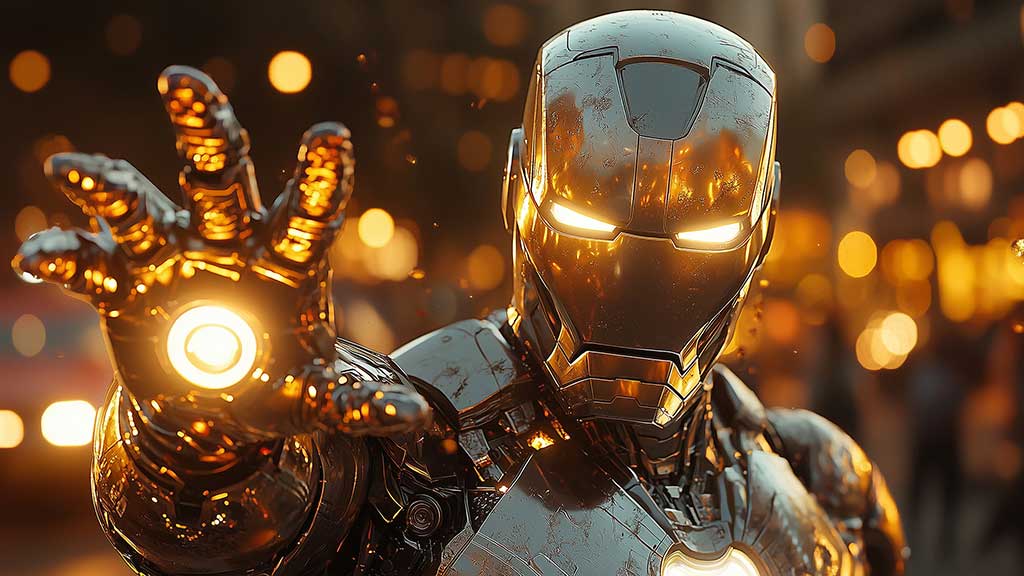 Fond d'écran 4K de l'armure d'argent d'Iron Man avec répulseur lumineux et éclairage cinématique, fond d'écran portrait en résolution Ultra HD pour tous les appareils.