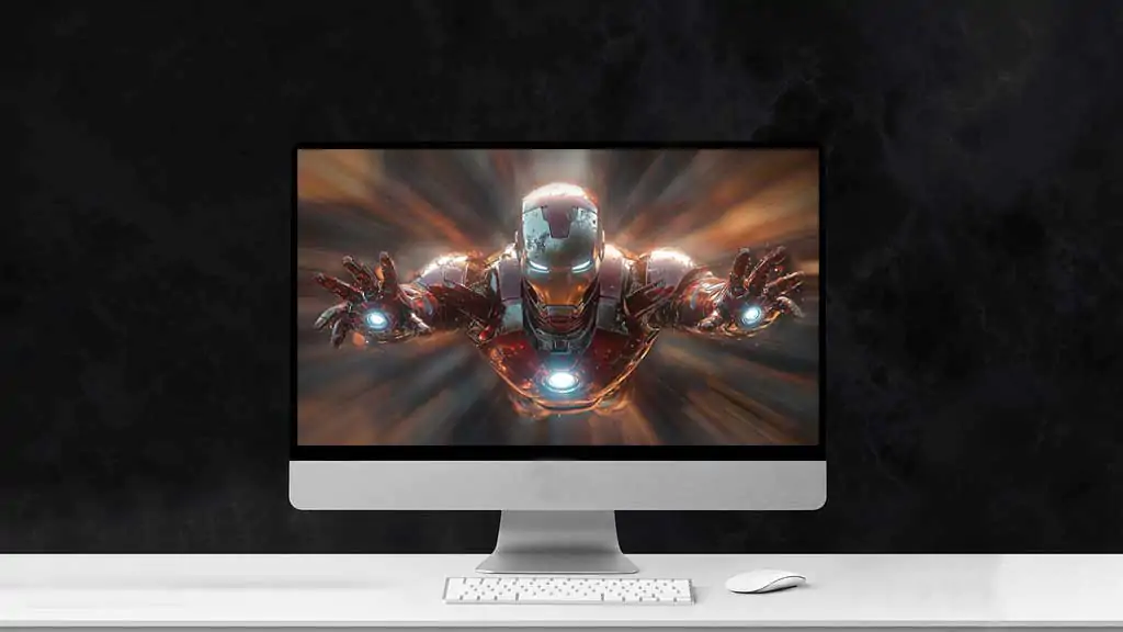 Fond d'écran 4K de l'armure d'Iron Man en vol avec des répulseurs lumineux et des rayons lumineux, arrière-plan d'action Ultra HD pour ordinateur de bureau