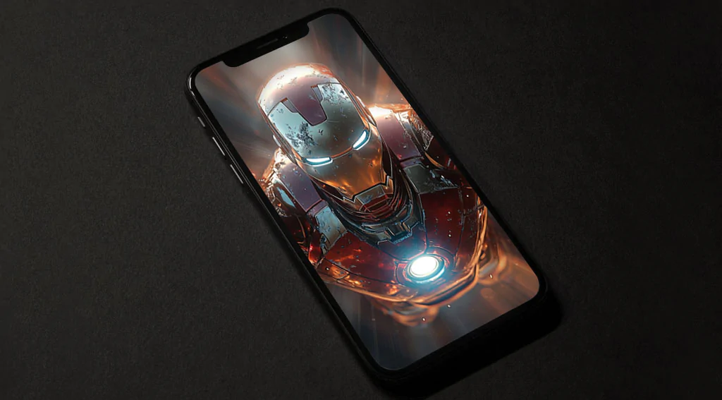 Fond d'écran 4K de l'armure d'Iron Man en vol avec des répulseurs lumineux et des rayons lumineux, arrière-plan d'action Ultra HD pour téléphone portable et iPhone