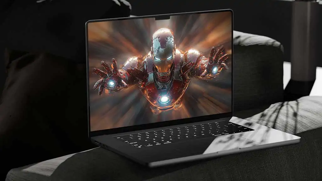 Fond d'écran 4K de l'armure d'Iron Man en vol avec des répulseurs lumineux et des rayons lumineux, arrière-plan d'action Ultra HD pour ordinateur portable