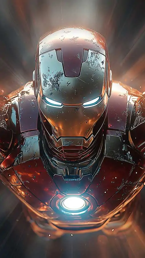 Fond d'écran 4K de l'armure d'Iron Man en vol avec des répulseurs lumineux et des rayons lumineux, arrière-plan d'action Ultra HD pour téléphone portable et iPhone