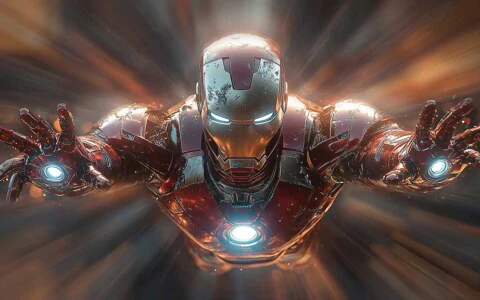 Iron Man armor in flight wallpaper 4K with glowing repulsors and light rays, Ultra HD action background for all devices