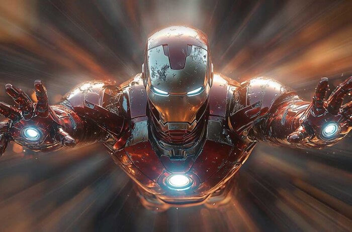 Fond d'écran 4K de l'armure d'Iron Man en vol avec des répulseurs lumineux et des rayons lumineux, arrière-plan d'action Ultra HD pour tous les appareils