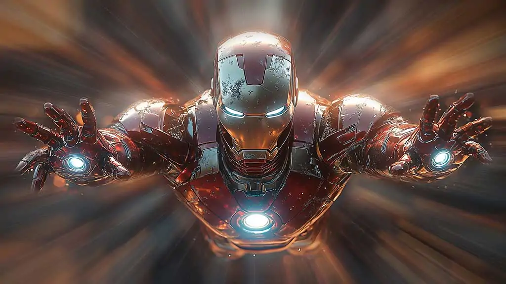 Fond d'écran 4K de l'armure d'Iron Man en vol avec des répulseurs lumineux et des rayons lumineux, arrière-plan d'action Ultra HD pour tous les appareils