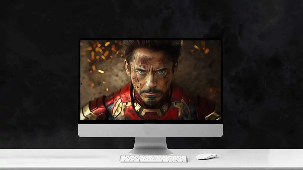 Tony Stark close-up portrait wallpaper 4K in battle-worn armor with dramatic lighting and sparks, Ultra HD resolution character background for desktop