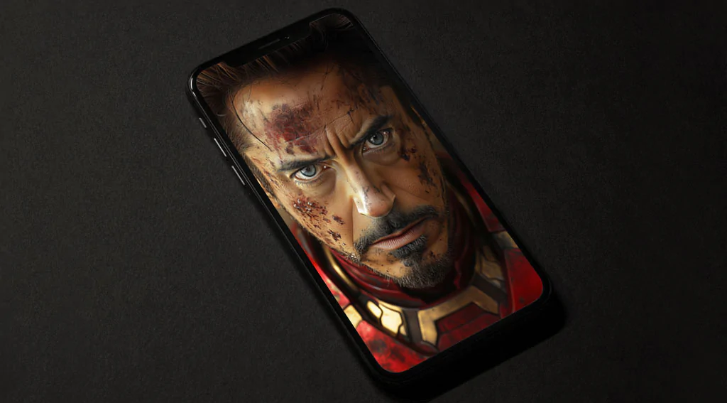 Tony Stark close-up portrait wallpaper 4K in battle-worn armor with dramatic lighting and sparks, Ultra HD resolution character background for mobile phone and iphone