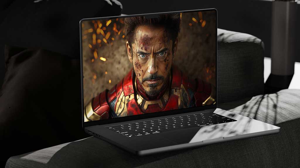 Fond d'écran 4K de portrait en gros plan de Tony Stark dans une armure usée par la bataille avec un éclairage et des étincelles dramatiques, arrière-plan de personnage en résolution Ultra HD pour ordinateur portable