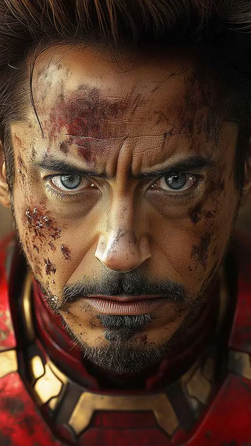 Tony Stark close-up portrait wallpaper 4K in battle-worn armor with dramatic lighting and sparks, Ultra HD resolution character background for mobile phone and iphone