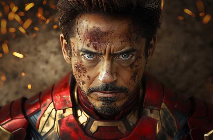 Fond d'écran de portrait en gros plan de Tony Stark 4K dans une armure usée par la bataille avec un éclairage et des étincelles dramatiques, arrière-plan de personnage en résolution Ultra HD pour tous les appareils